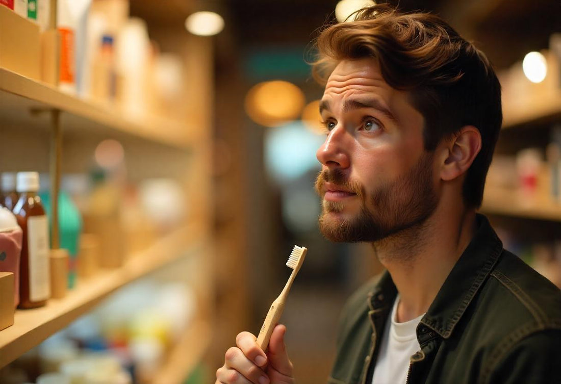 a person in a shop looking at a bamboo toothbrush and thinking/ looking confused