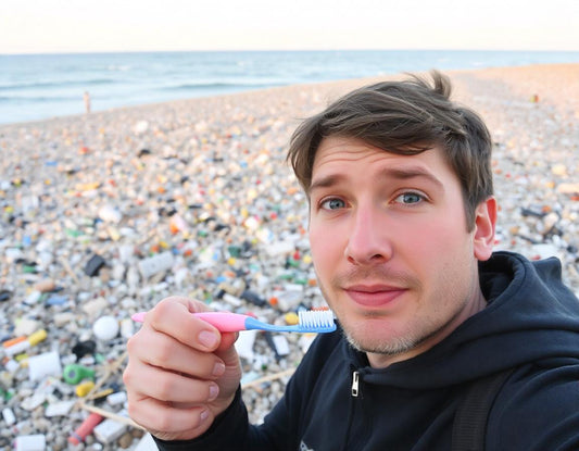 Someone confused holding a plastic toothbrush near the ocean full of plastic